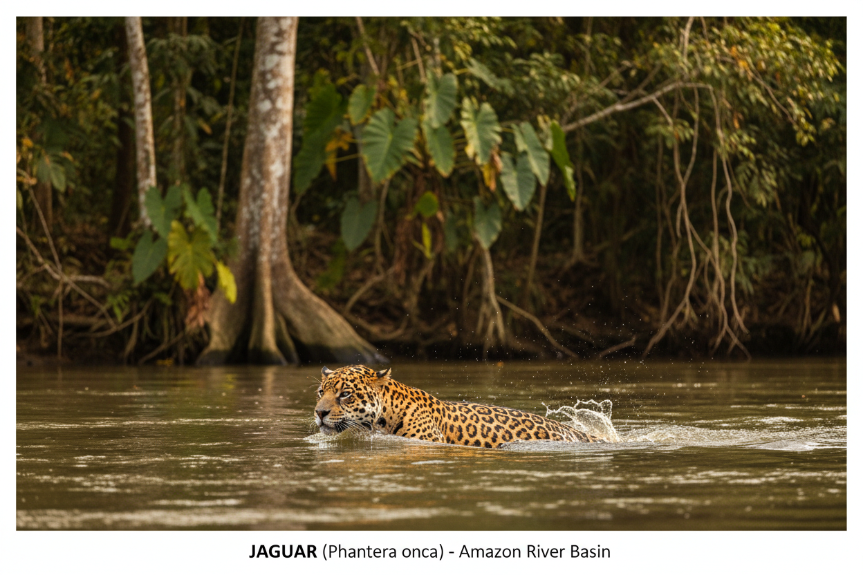 Jaguar swimming in Amazon river