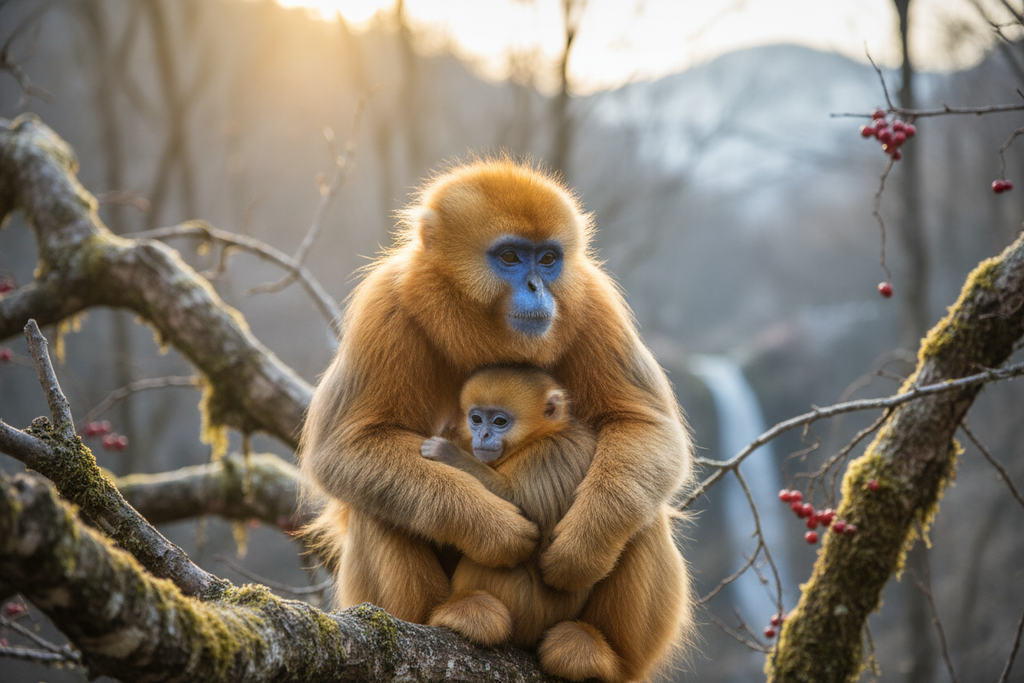 Golden snub-nosed monkey mother and infant in Chinese forest