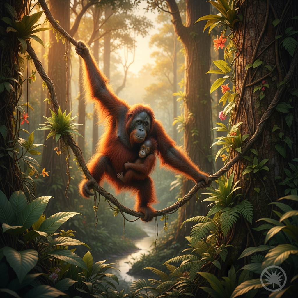 Orangutan mother and baby in Borneo
