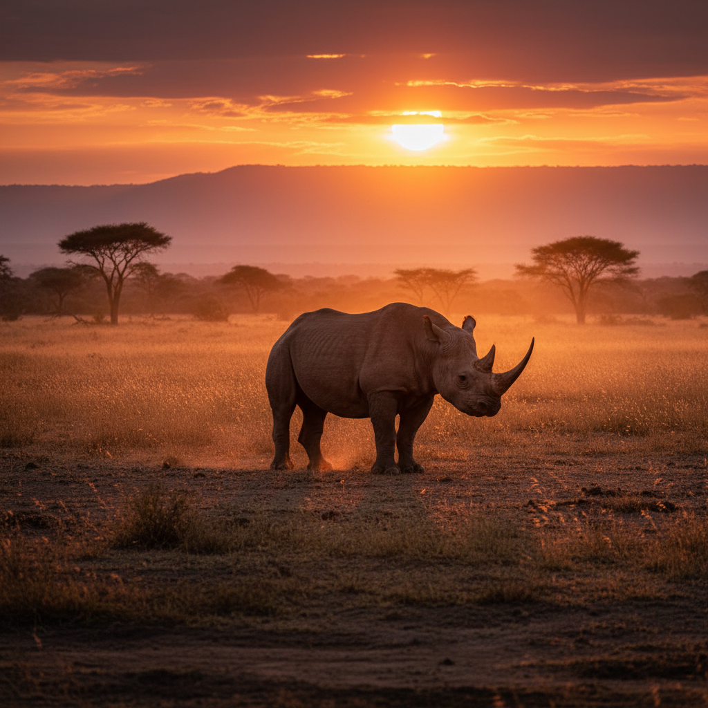 Endangered black rhino in African savanna