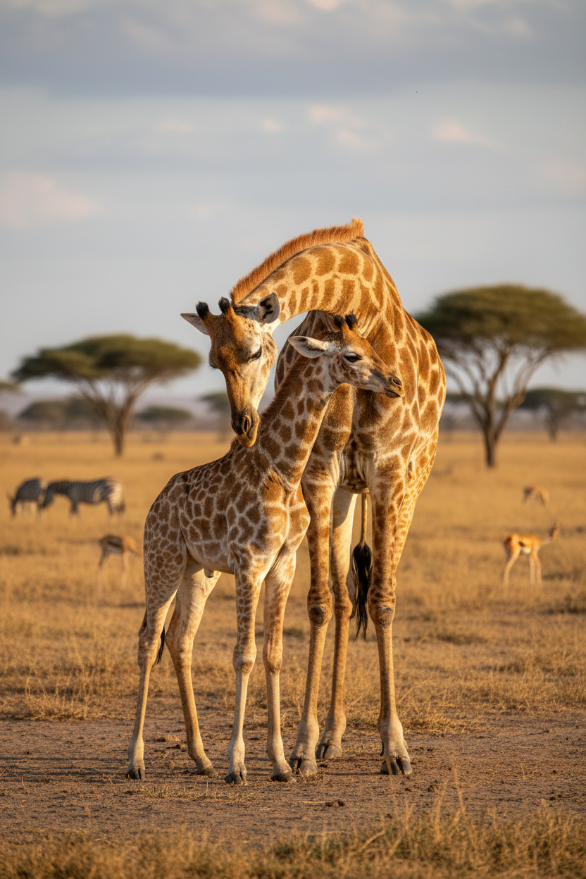 Baby giraffe calf with mother
