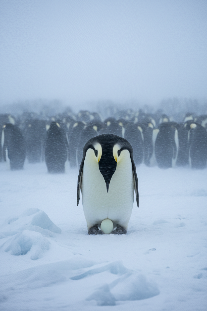 Emperor penguin father with egg