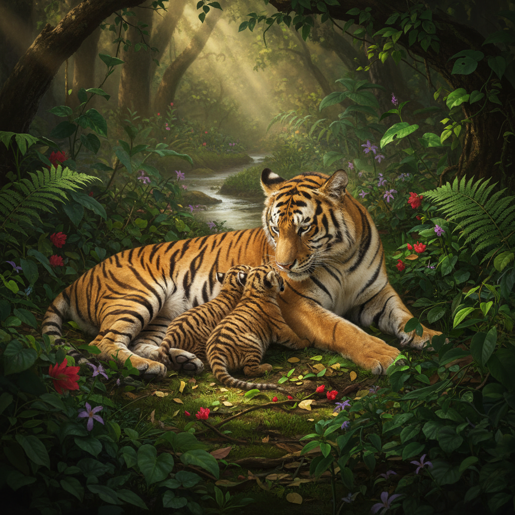 Tiger mother with cubs