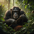 Chimpanzee using tools in tropical forest