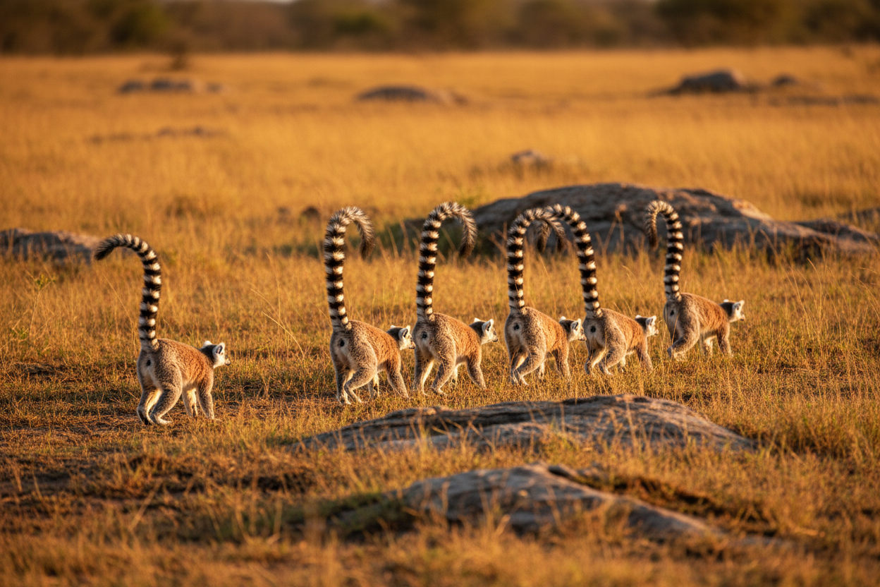 Ring-tailed lemur troop walking with tails held high