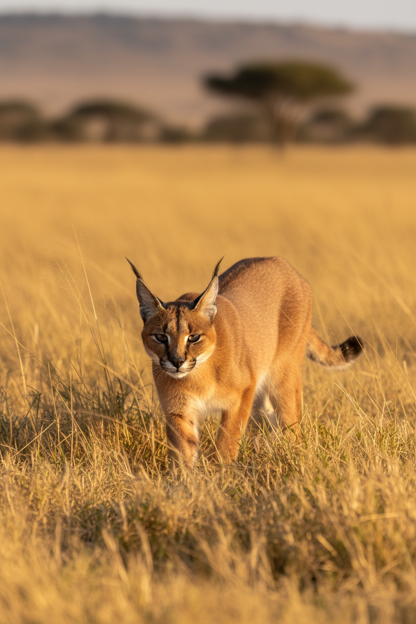 Caracal stalking through grass