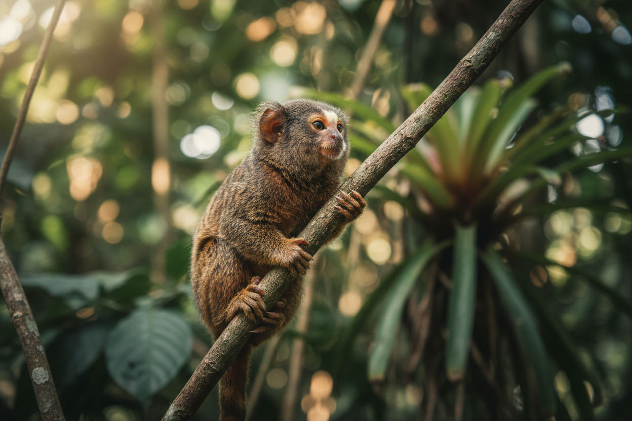 Pygmy marmoset sitting upright on branch in Amazon jungle