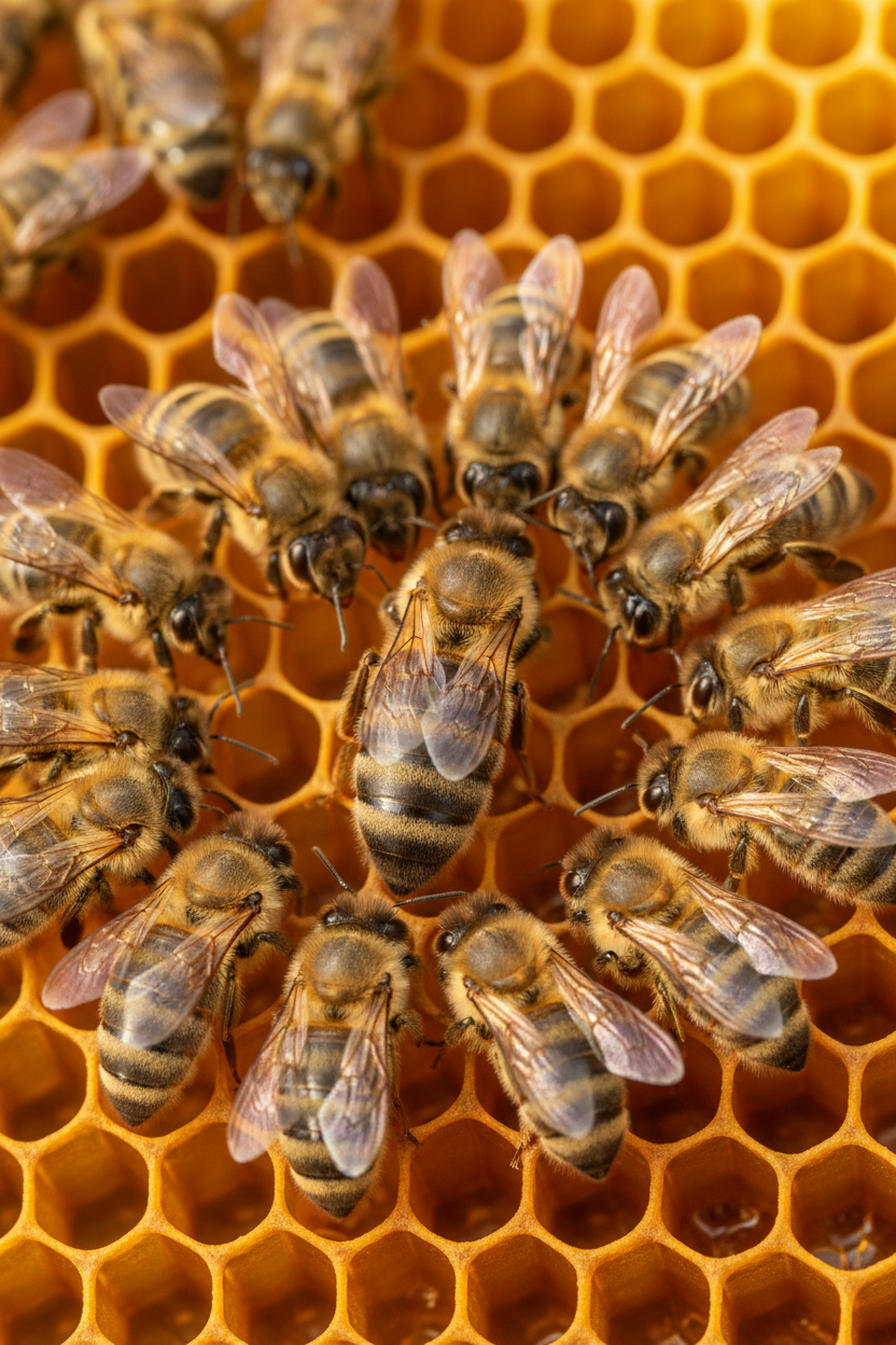 Queen bee surrounded by workers