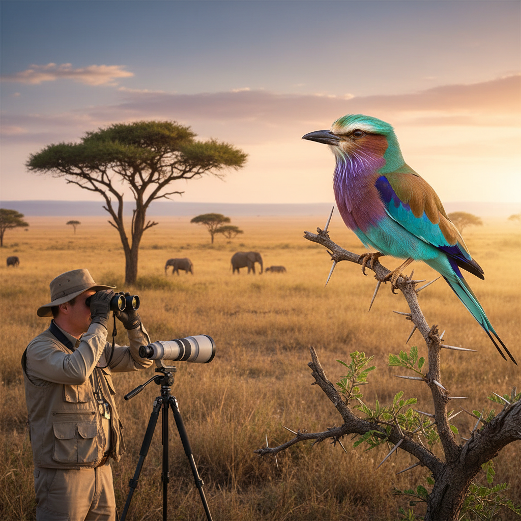 Lilac breasted roller bird on acacia tree