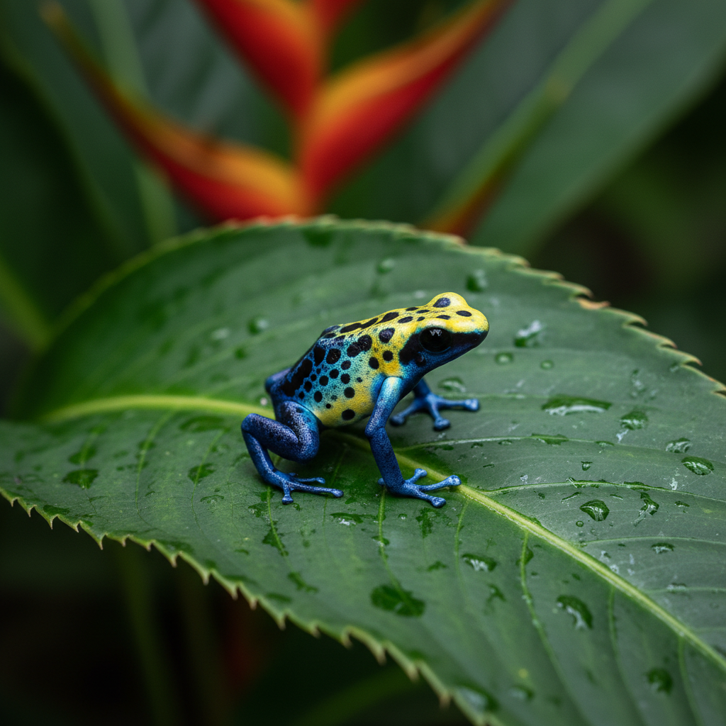 Poison dart frog on tropical leaf
