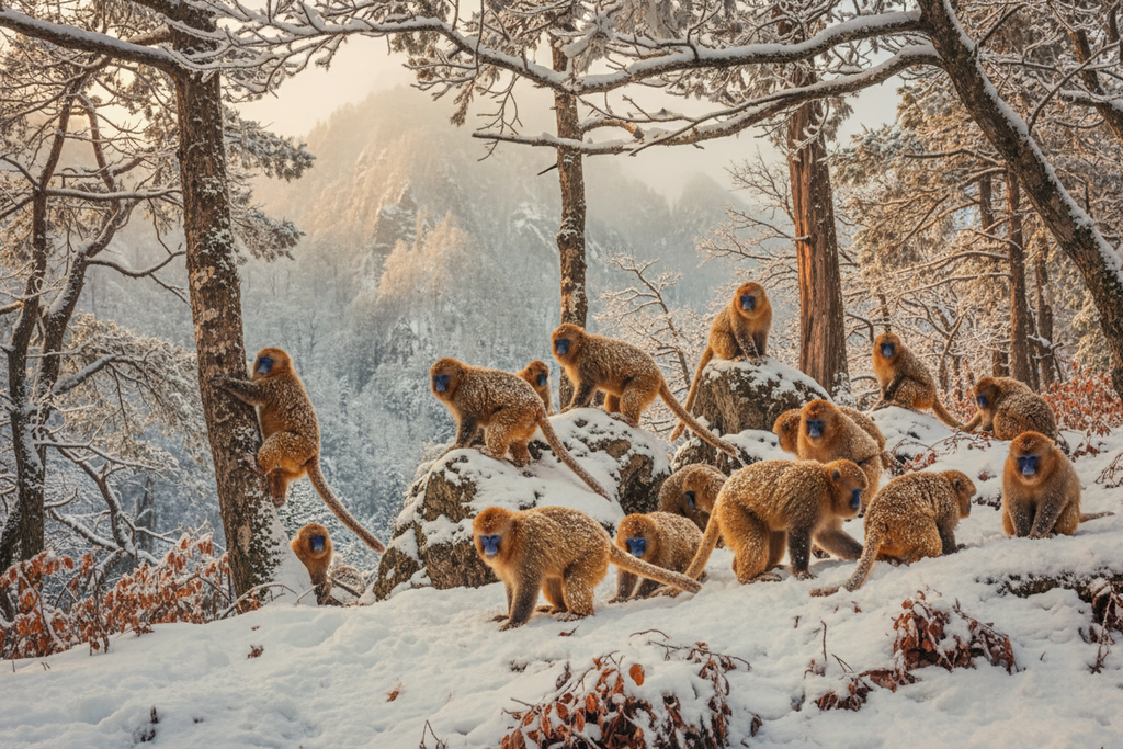 Golden snub-nosed monkey troop in snowy Chinese mountain forest