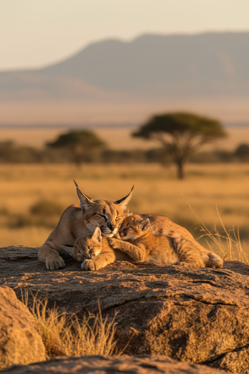 Caracal mother with cubs
