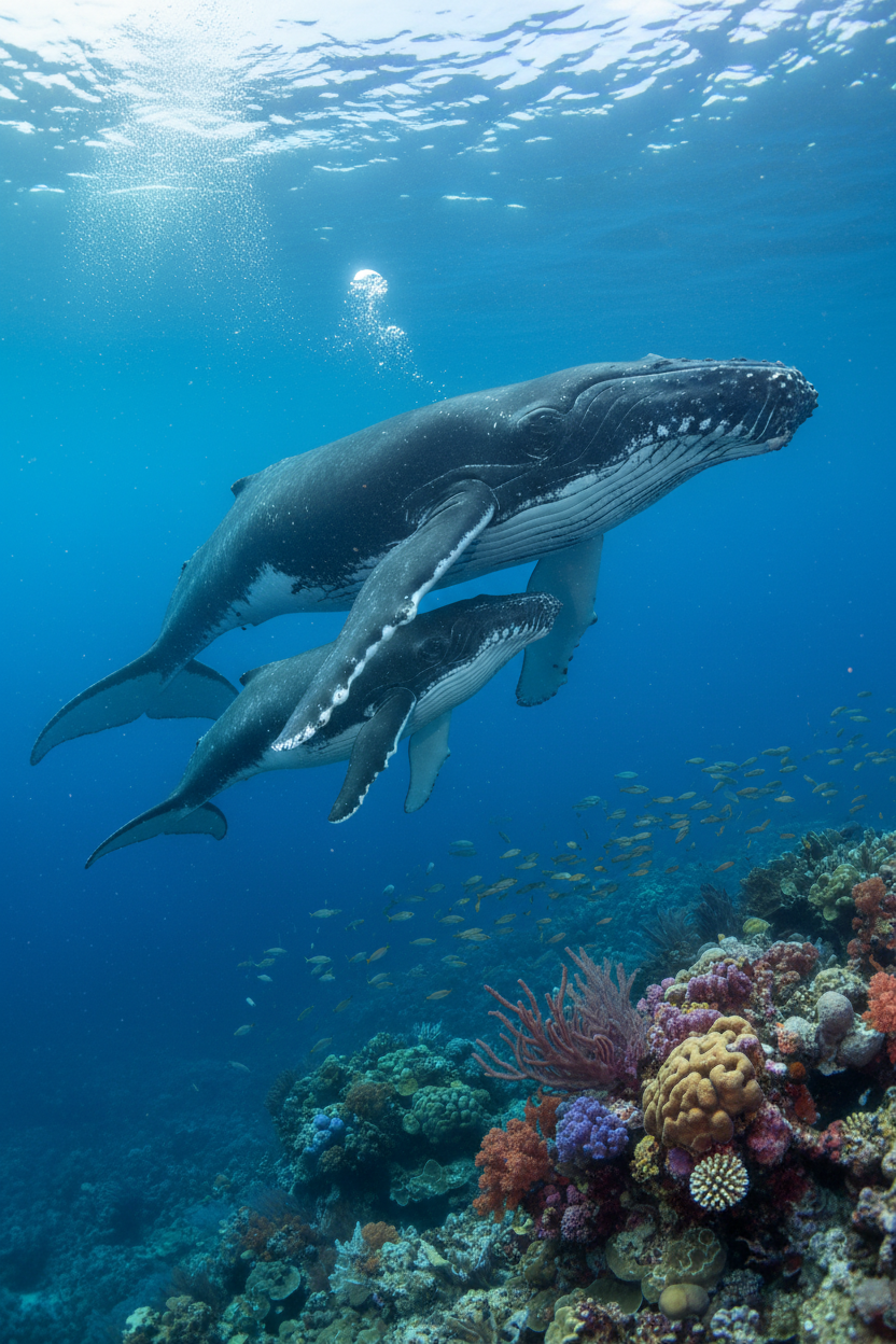 Mother and calf swimming