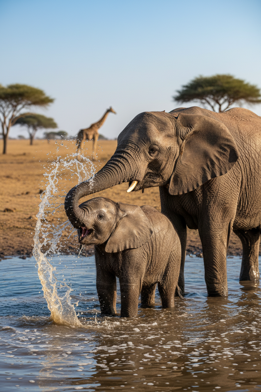 Baby elephant at watering hole