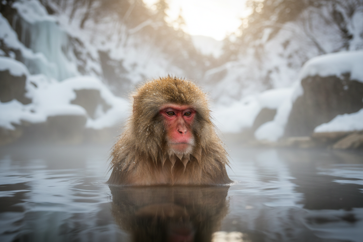 Japanese macaque soaking in hot spring onsen at Jigokudani
