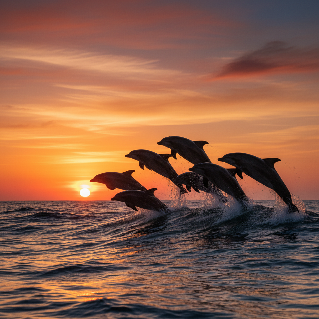 Pod of dolphins leaping in ocean waves at sunset