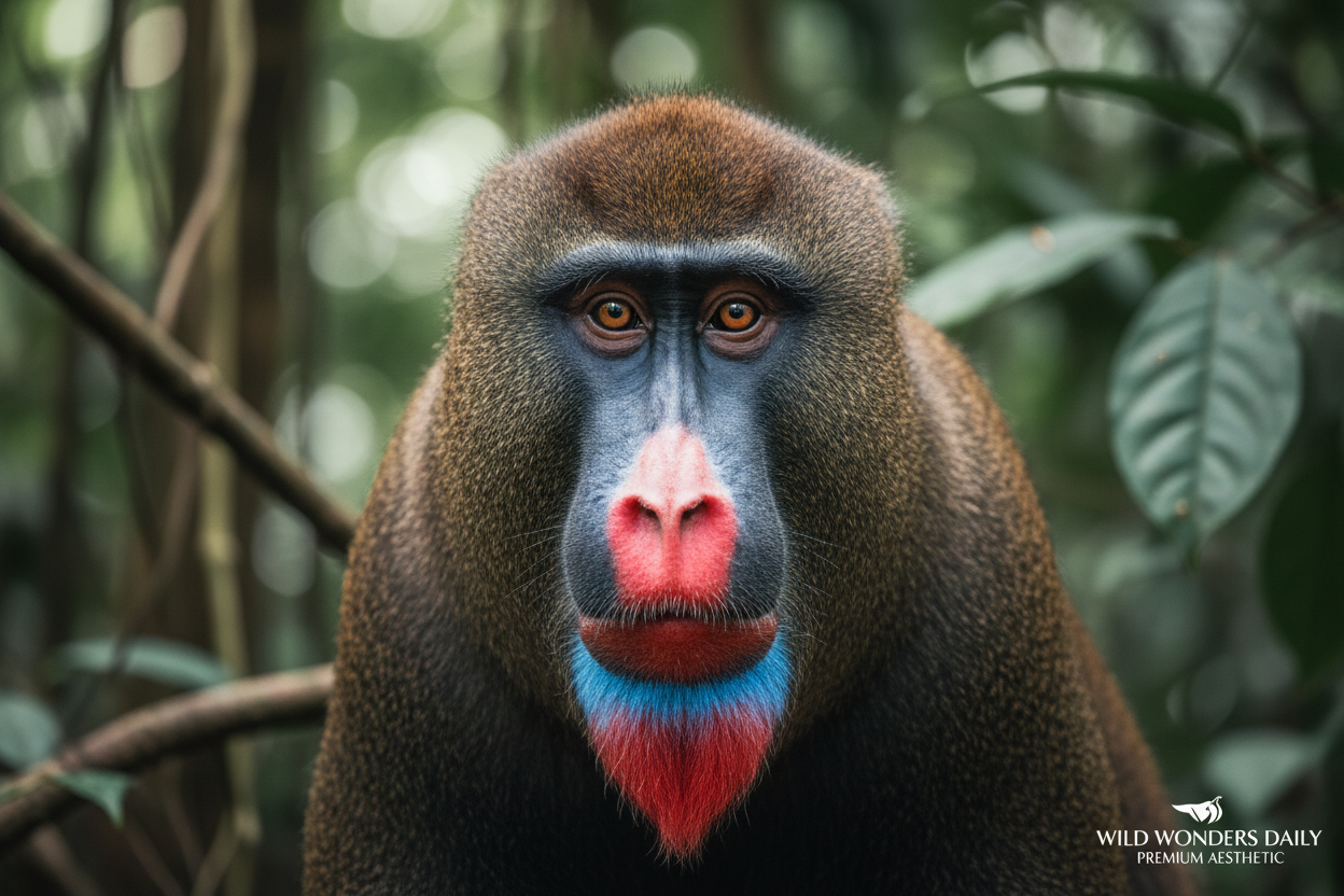 Drill monkey close-up portrait showing vivid red and blue chin