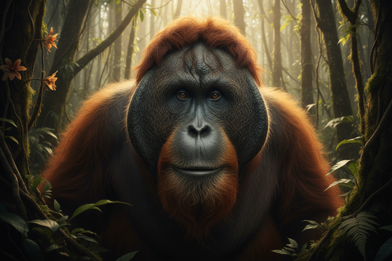 Flanged male Bornean orangutan with dramatic cheek pads