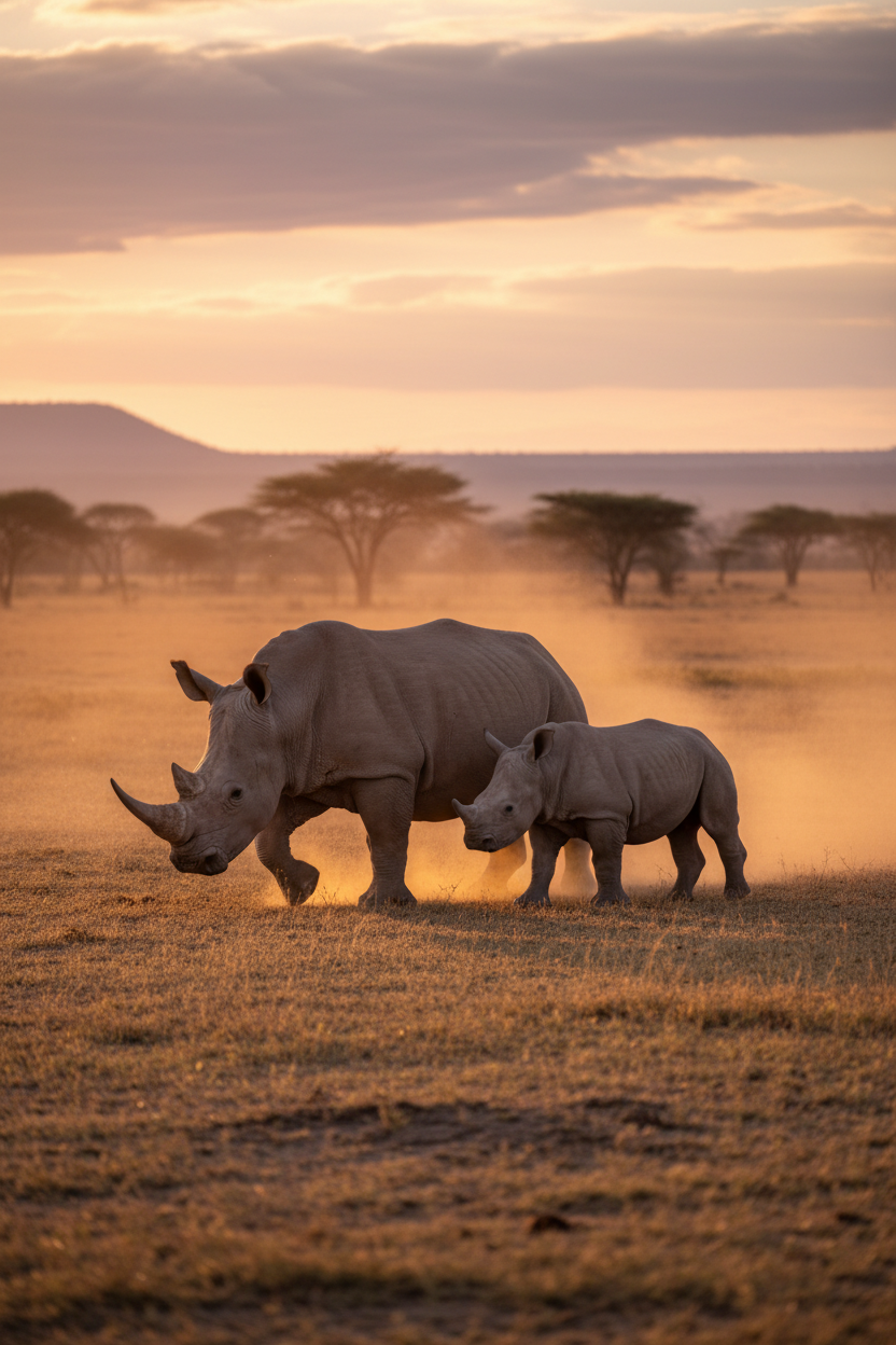 White rhino mother and calf