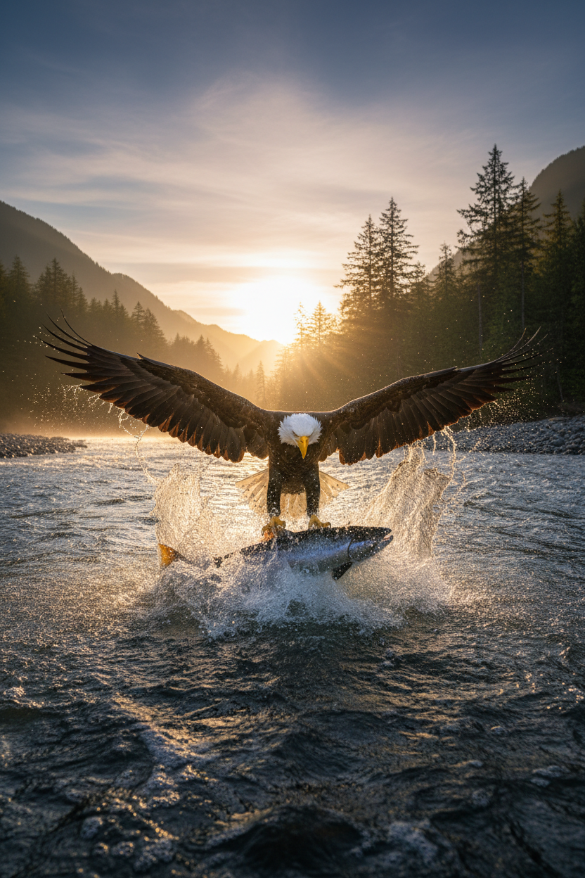 Bald eagle catching fish