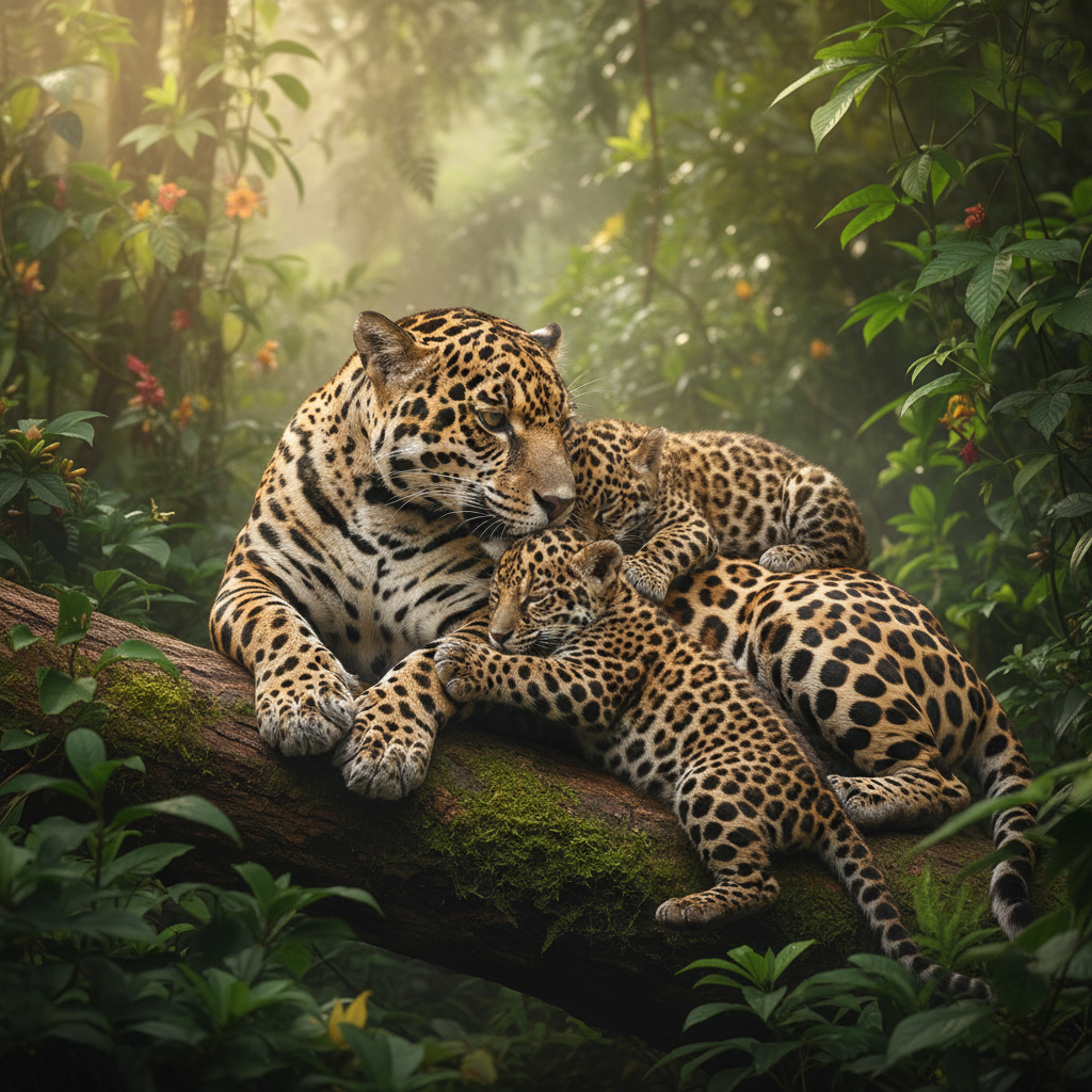 Jaguar mother with cubs