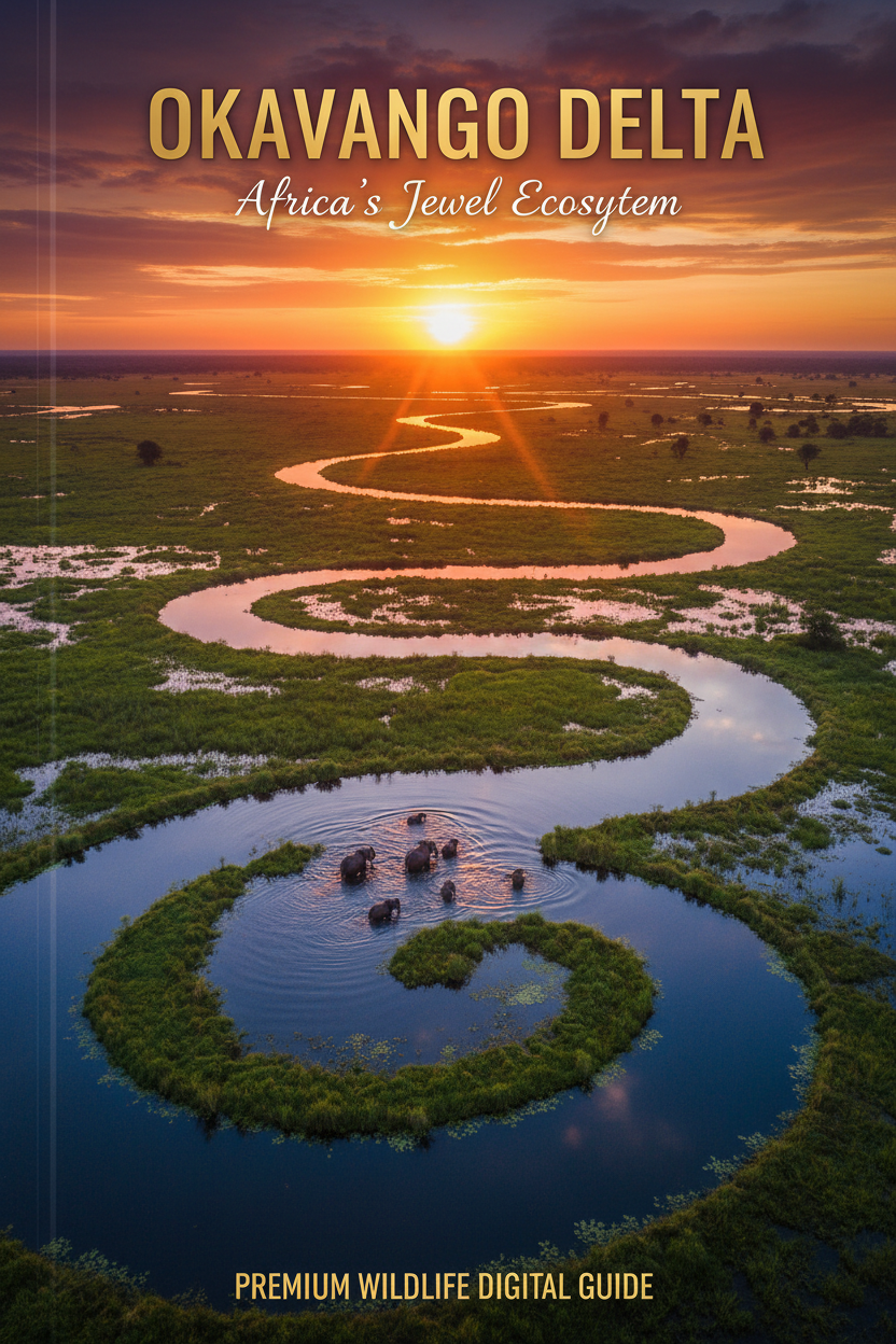 Aerial view of Okavango Delta at sunset
