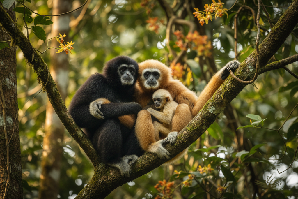 White-handed gibbon family group in Southeast Asian rainforest