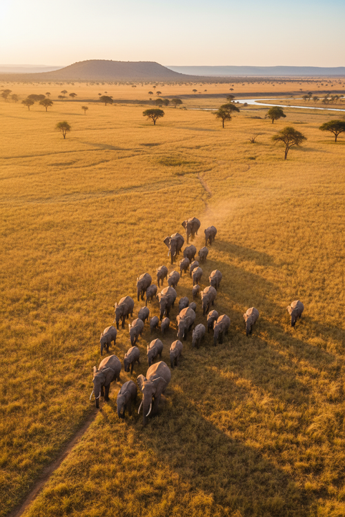 Elephant herd aerial view