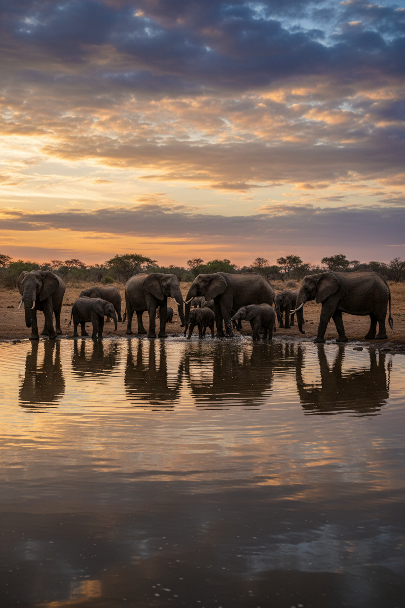 Elephant herd at watering hole dusk