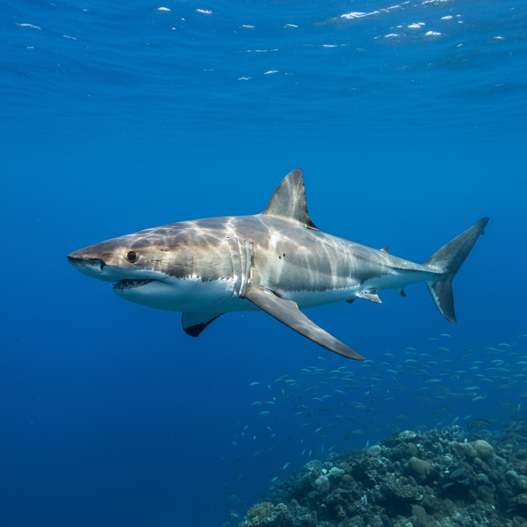 Great white shark swimming in clear blue ocean