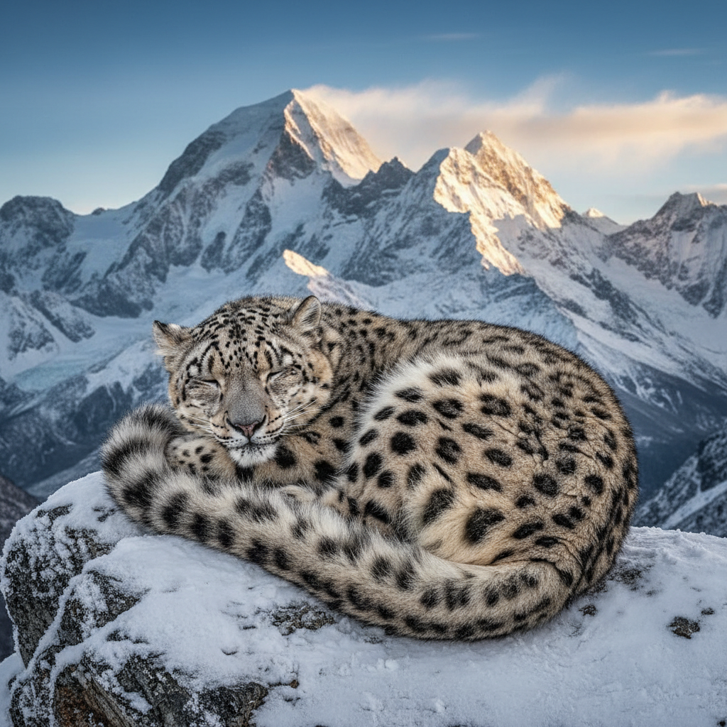 Snow leopard resting on ledge