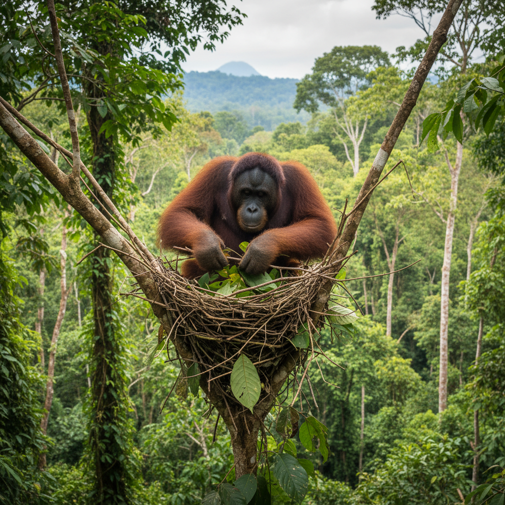 Orangutan building nest