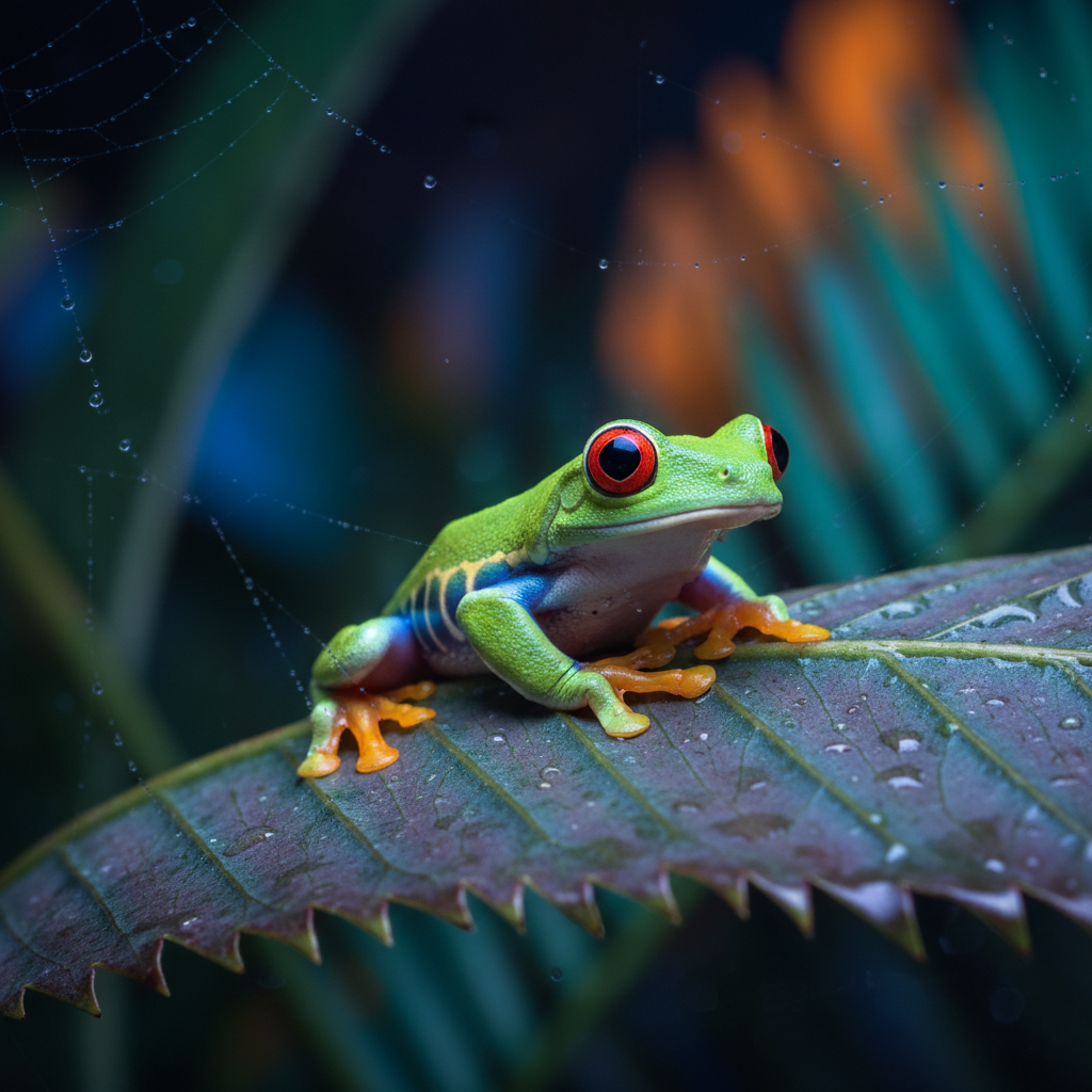 Red-eyed tree frog on tropical leaf at night