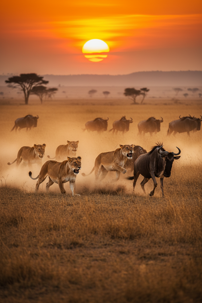Lionesses hunting wildebeest