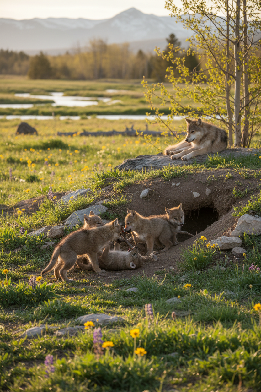 Wolf pups playing outside den