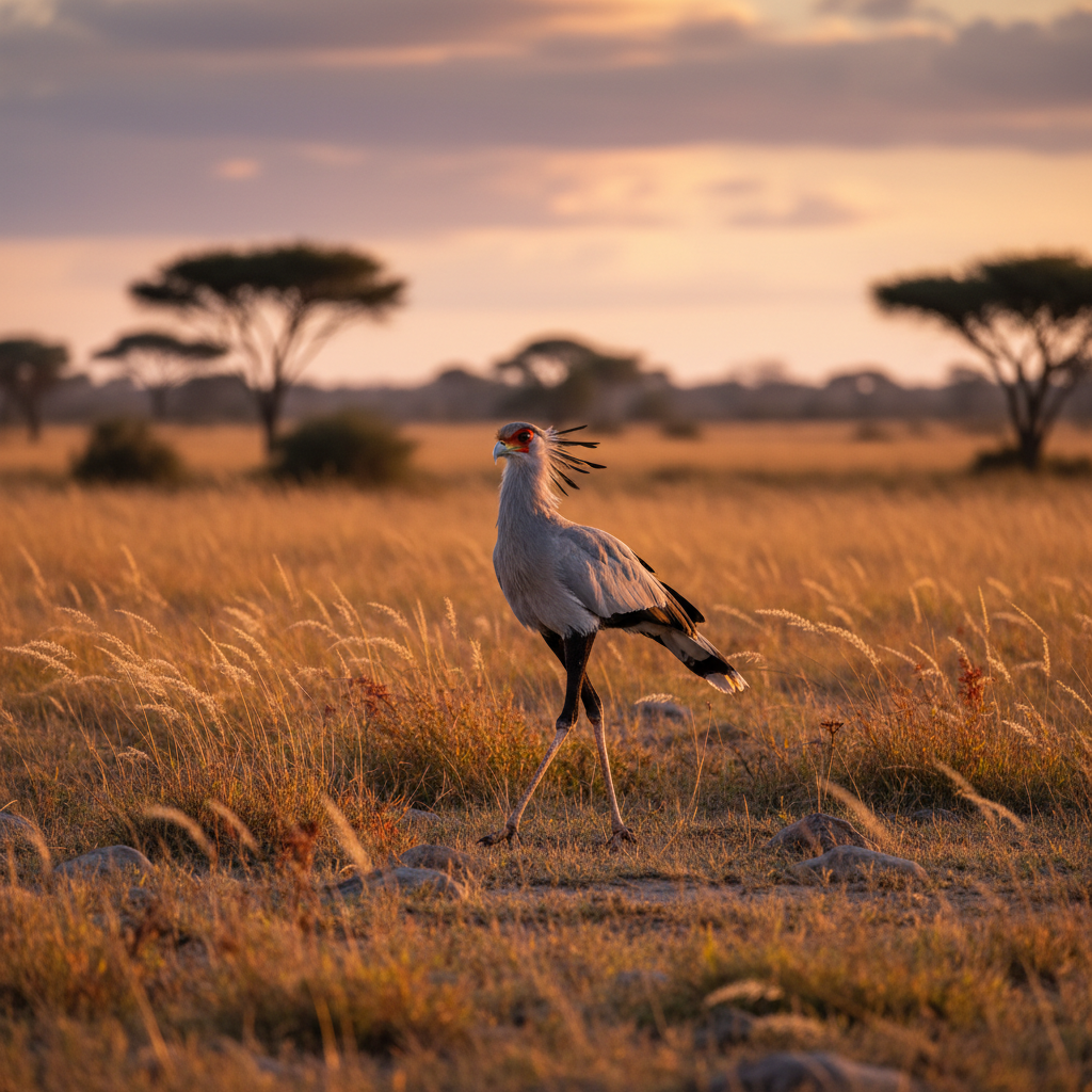 Secretary bird walking in African grassland