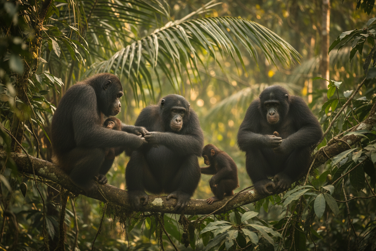 Bonobo family group socialising in Congo rainforest