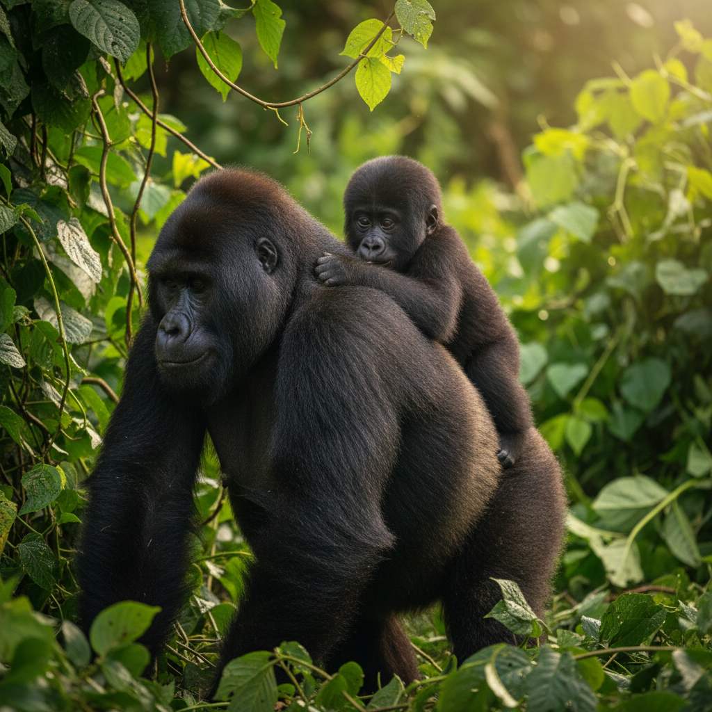 Baby gorilla with mother