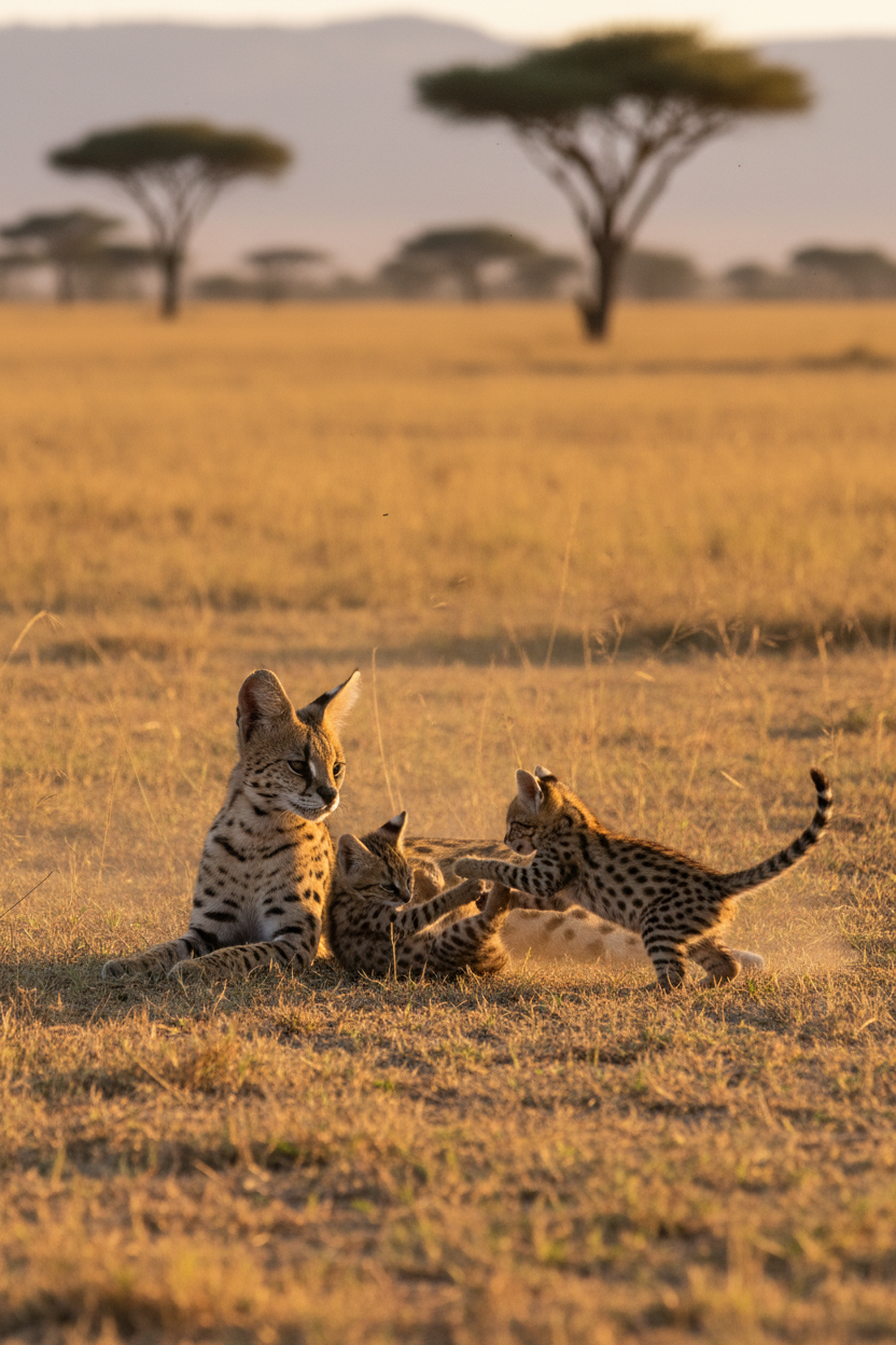 Serval mother with kittens