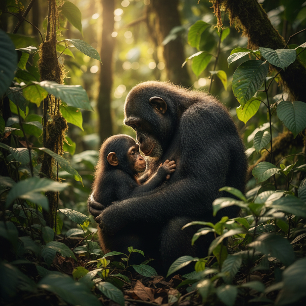 Chimpanzee mother and baby bonding