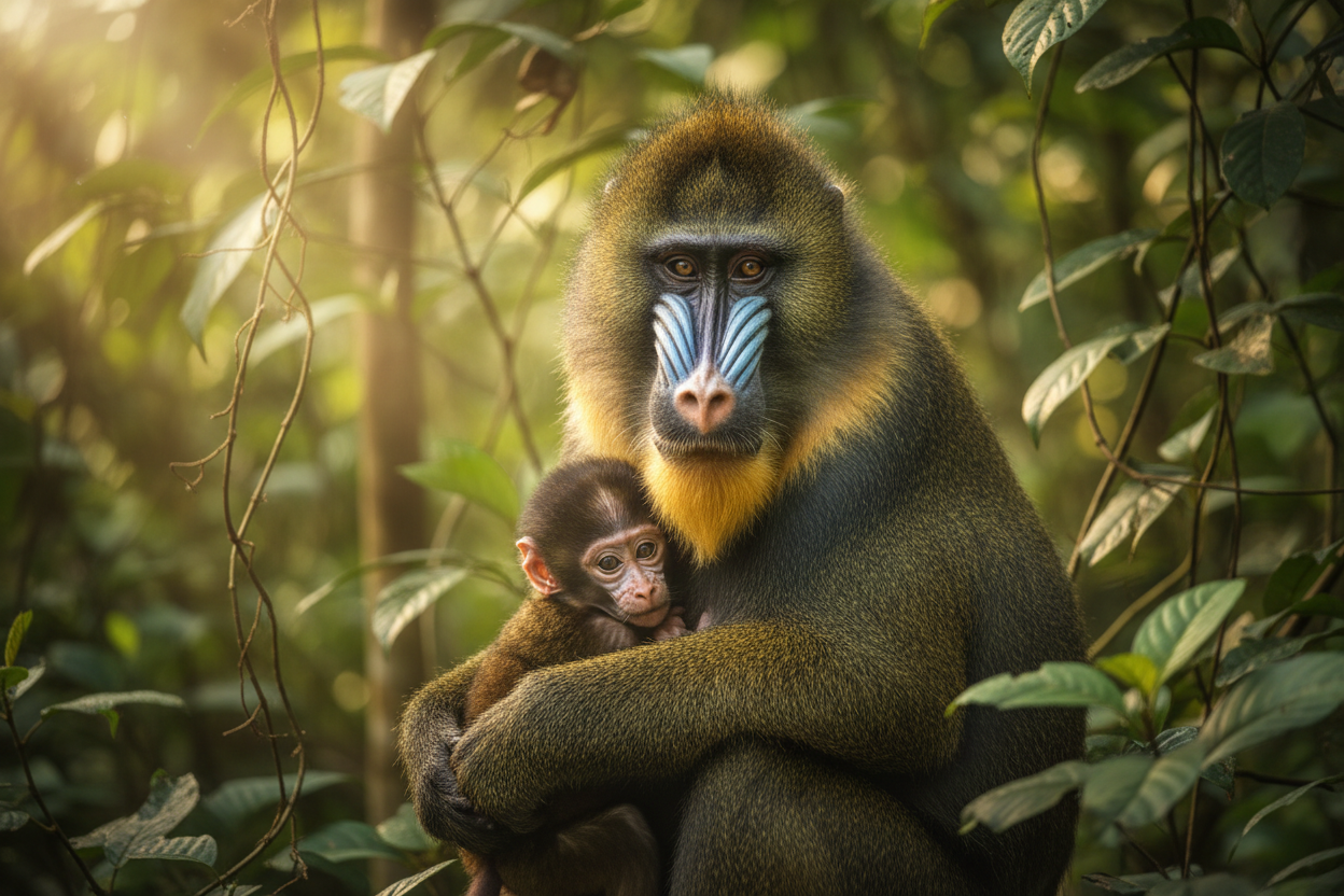 Mother mandrill with infant in rainforest