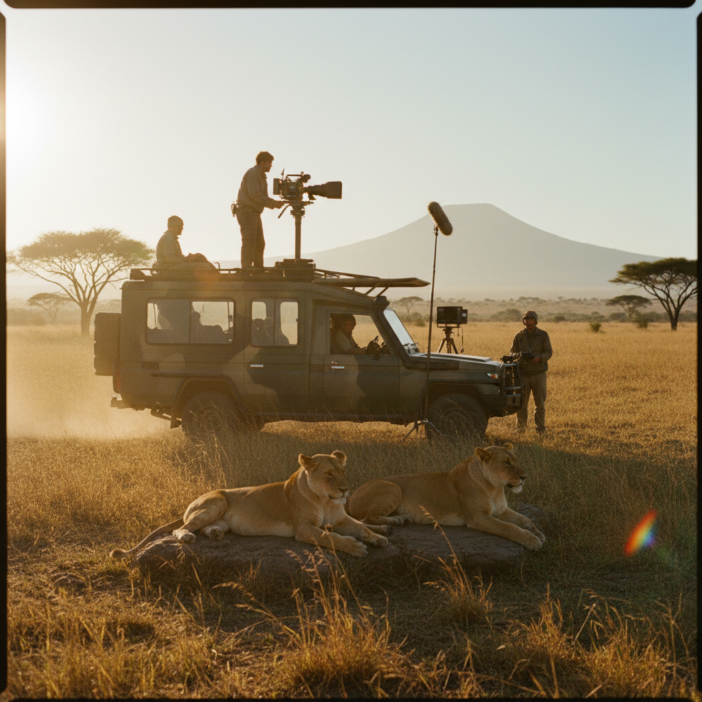 Film crew filming lions in African savanna