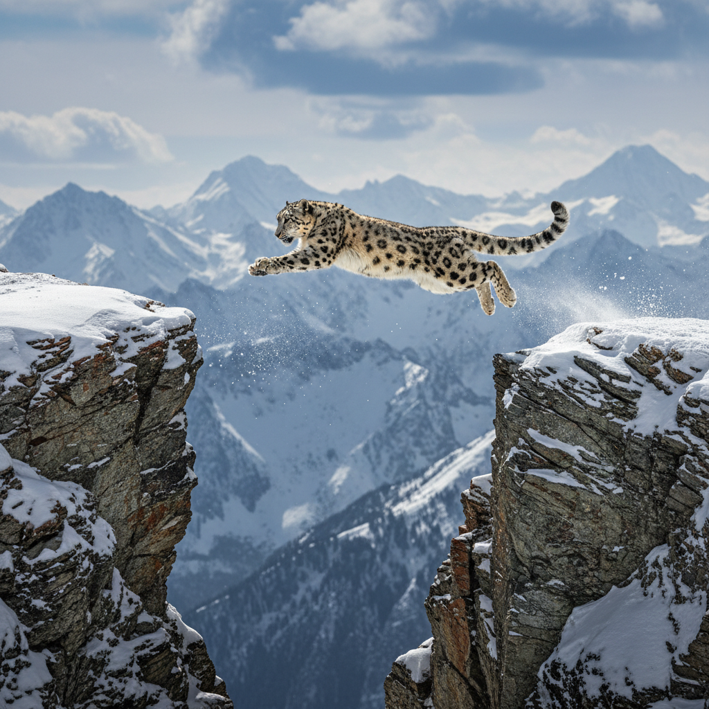 Snow leopard leaping