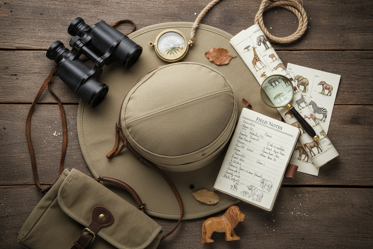 Field guide flat lay with safari accessories