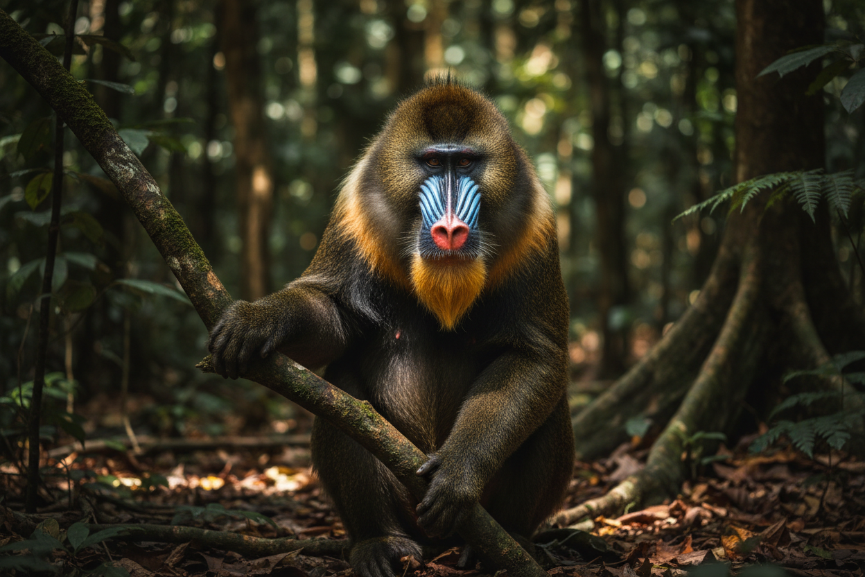 Male mandrill displaying vivid blue and red face markings
