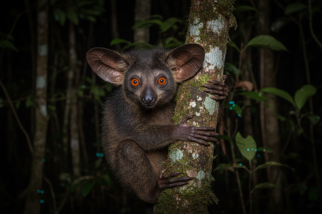 Aye-aye clinging to tree trunk in Madagascar rainforest at night