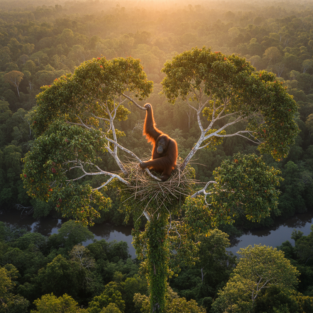Orangutan building nest at dusk in Borneo forest
