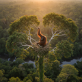 Orangutan building nest at dusk in Borneo forest