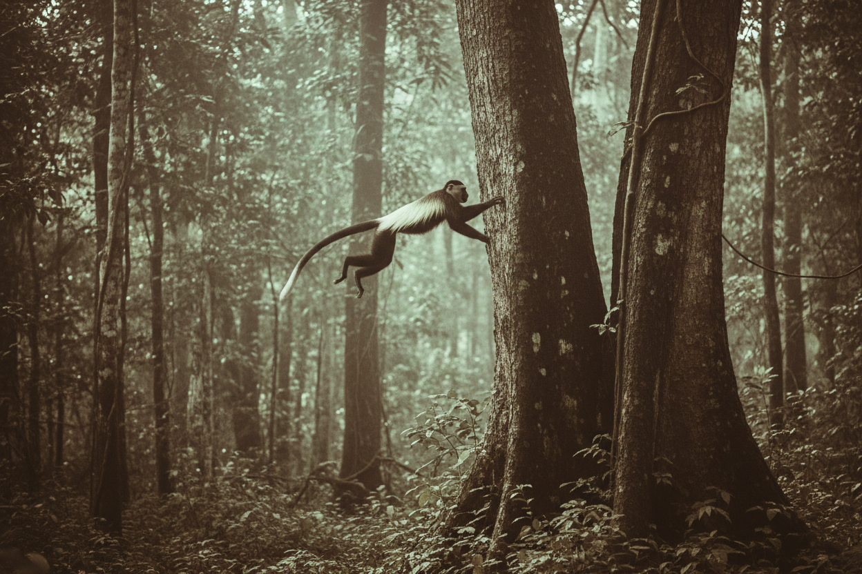 Colobus monkey leaping between trees with white mantle flowing