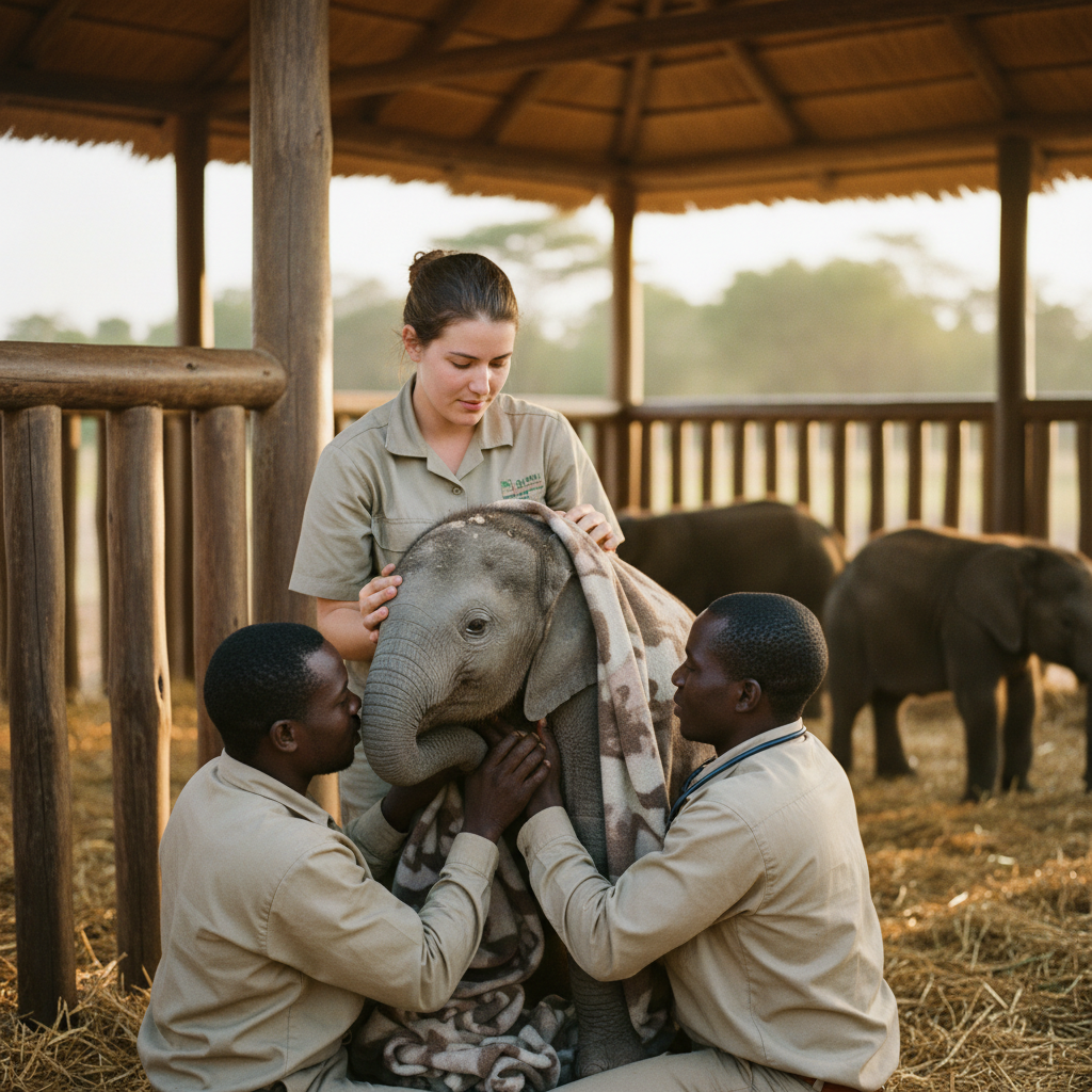 Baby elephant being rescued at wildlife sanctuary